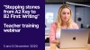 A blond young woman working on a laptop. Caption "Stepping stones from A2 Key to B2 First: Writing", Teacher training webinar, 3 and 4 December 2020