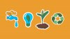 Illustrations of a dripping tap, a light bulb, a seedling and the recycling symbol (Mobius loop)